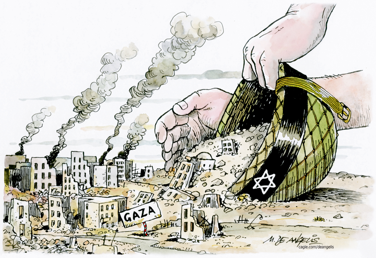 This cartoon shows a smoky, destroyed Gaza strip. An oversized Israeli helmet is scooping up the debris from the city.