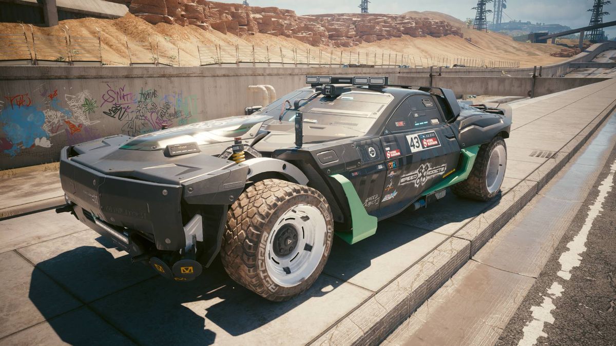 The Ken Block car, the Type-66 Hoon, parked on the pavement in Cyberpunk 2077.