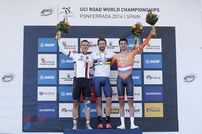 The elite men's podium: Tony Martin, Brad Wiggins and Tom Dumoulin