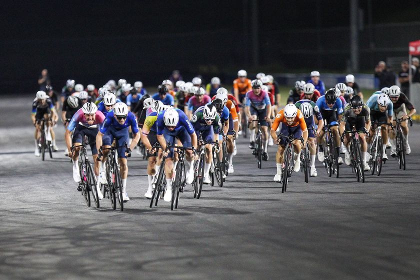 Th men's sprint to the line on stage 1 of the Harbour City GP, the fourth round of the 2025 ProVelo Super League