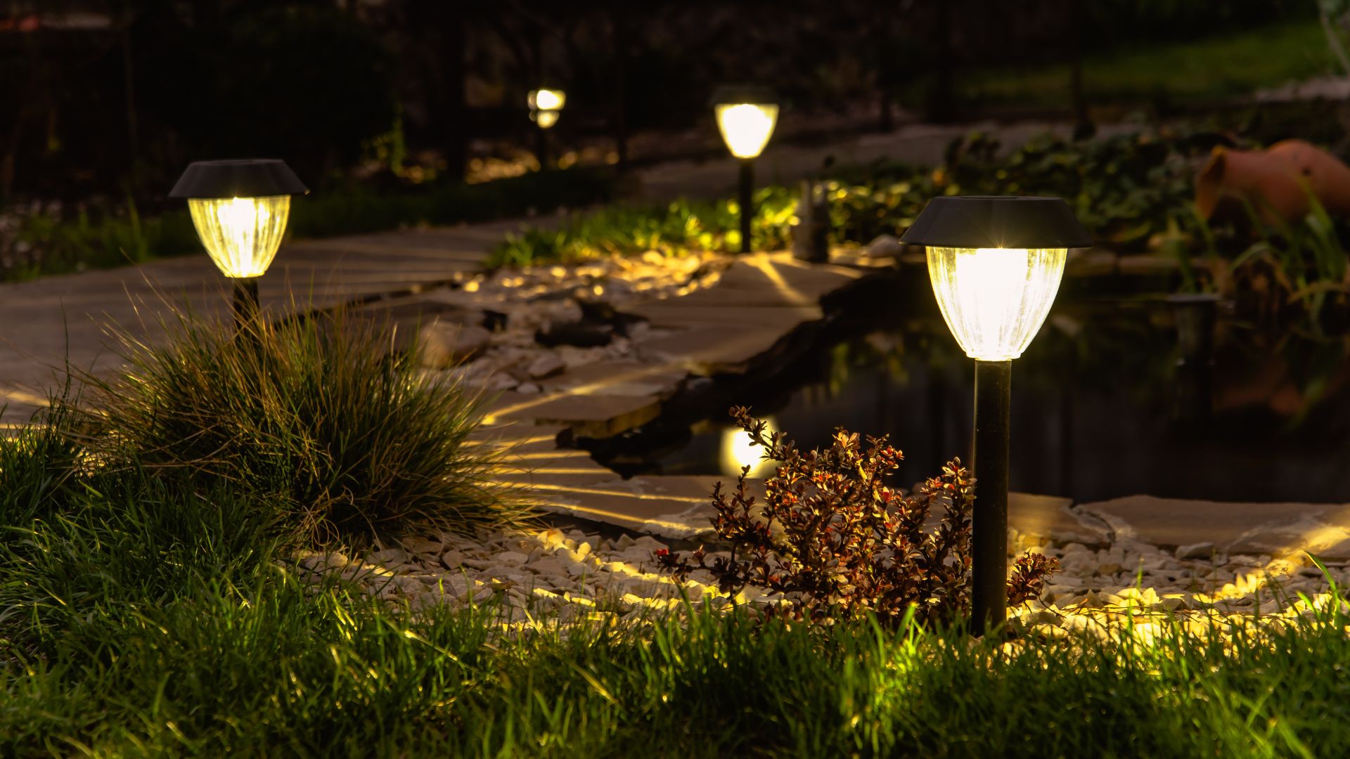 Solar lights on a garden path