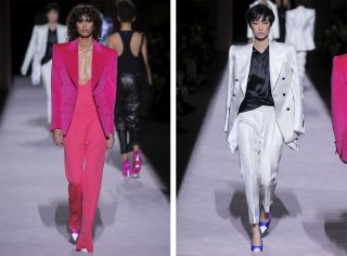 Female models wearing pink, white and black clothes from the Tom Ford S/S2018 collection