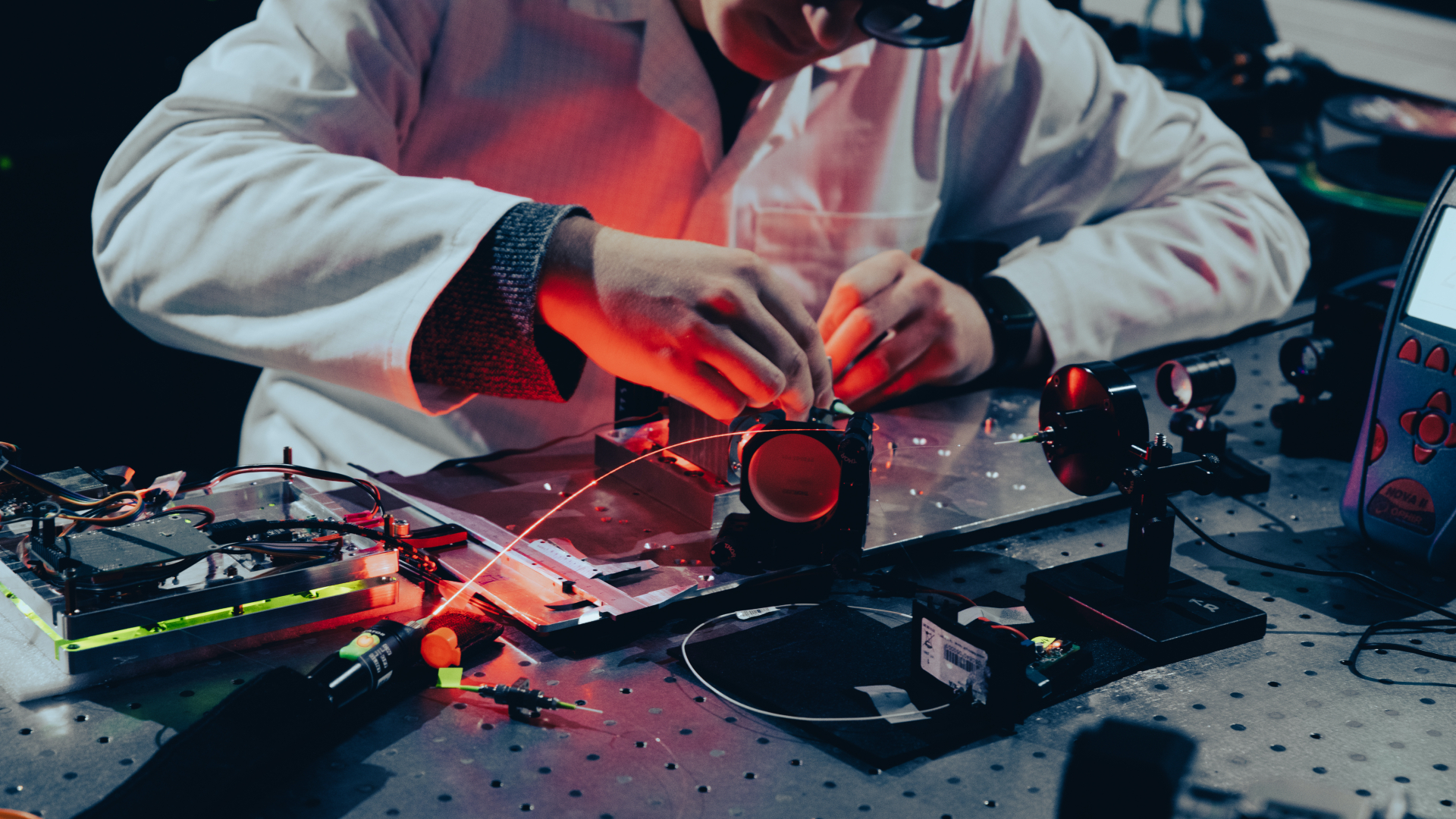 A glimpse inside the laser laboratory at Astrolight, a space tech startup in Lithuania.