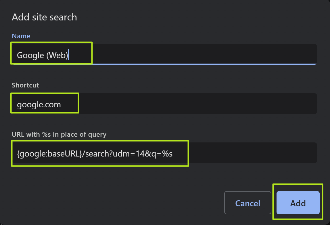 Add site search settings