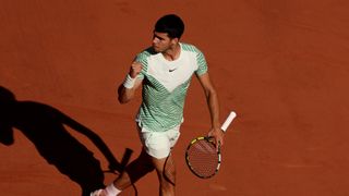 Carlos Alcaraz of Spain celebrates a point during the Men's Singles at the 2023 French Open at Roland Garros