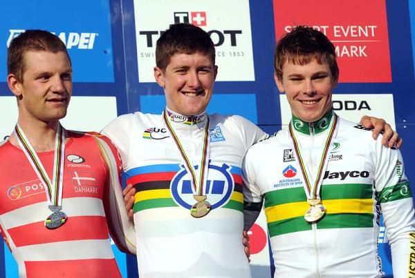 The under 23 men's podium - Rasmus Quaade (Denmark), Luke Durbridge and Michael Hepburn (Australia)