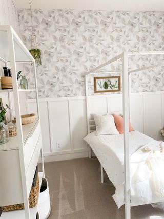 farmhouse girls room with grey wallpaper
