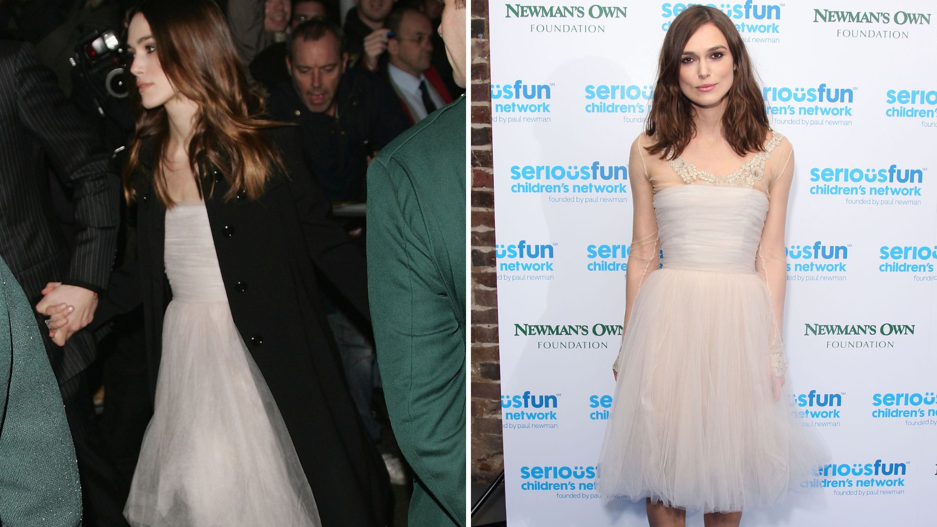 L-Keira Knightley in 2008, R-Keira Knightley on the red carpet of an event in 2013. She wears the same white tulle dress in both pictures.