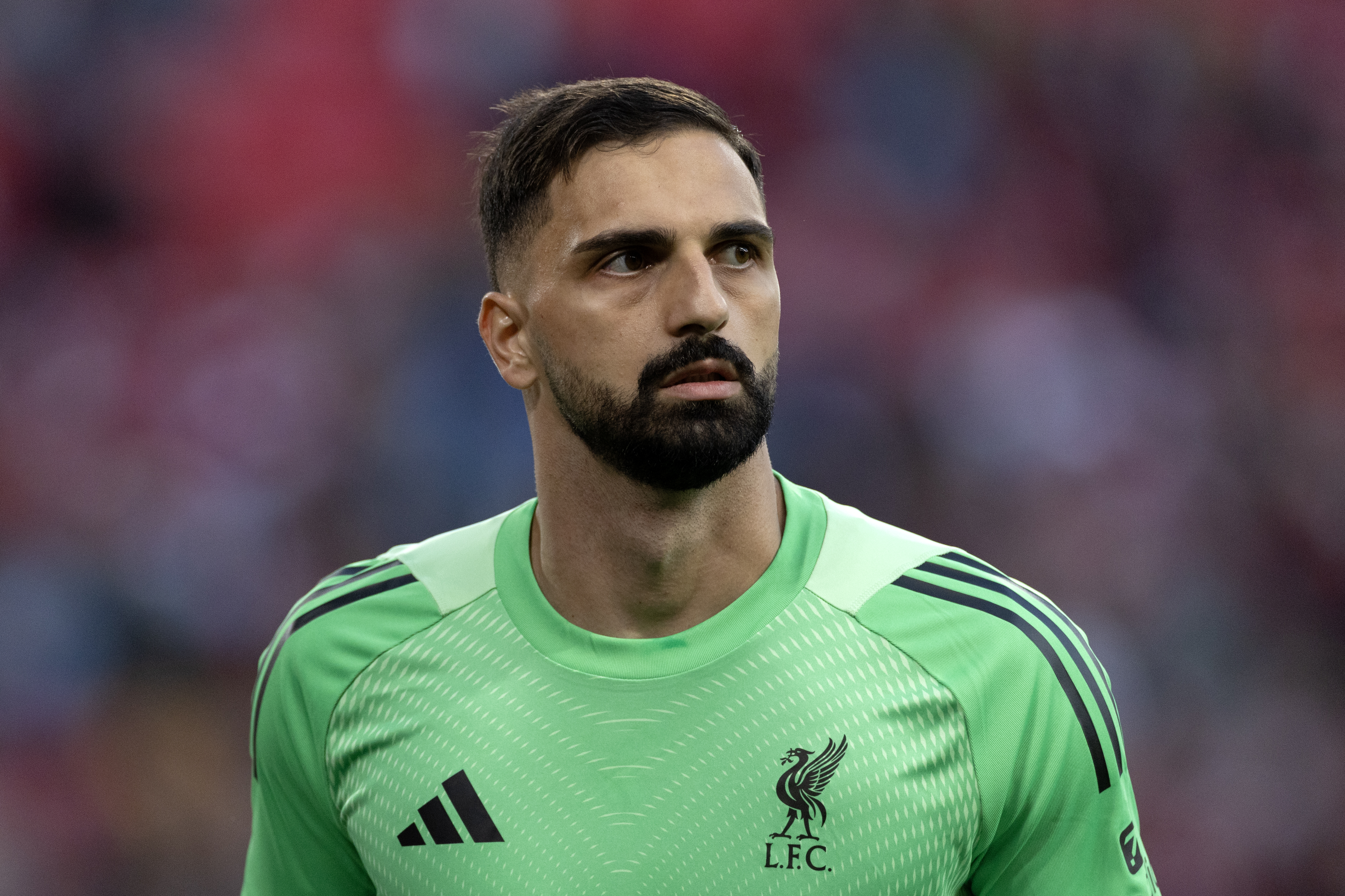 LIVERPOOL, ENGLAND - AUGUST 4: Goalkeeper Giorgi Mamardashvili of Liverpool looks on during the pre-season friendly match between Liverpool and Athletic Club Bilbao at Anfield on August 4, 2025 in Liverpool, United Kingdom. (Photo by Joe Prior/Visionhaus via Getty Images)