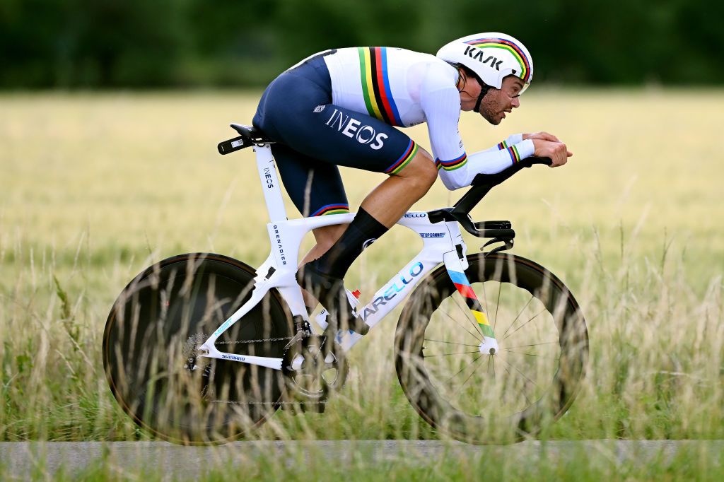 LA BATIE DURFE FRANCE JUNE 08 Filippo Ganna of Italy and Team INEOS Grenadiers sprints during the 74th Criterium du Dauphine 2022 Stage 4 a 319km individual time trial from Montbrison to La Btie dUrf WorldTour Dauphin on June 08 2022 in La Batie dUrfe France Photo by Dario BelingheriGetty Images