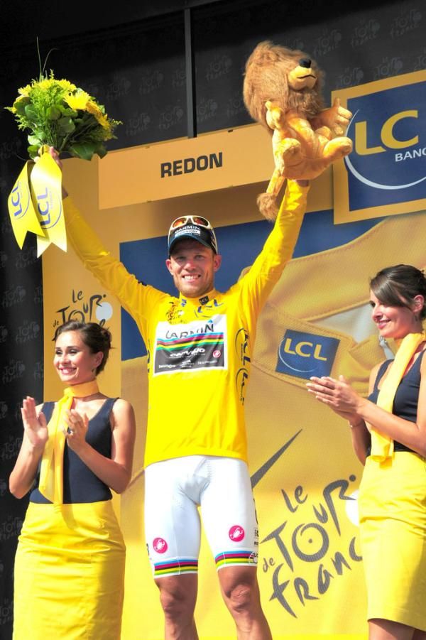 Thor Hushovd (Garmin-Cervelo) celebrates in the yellow jersey.