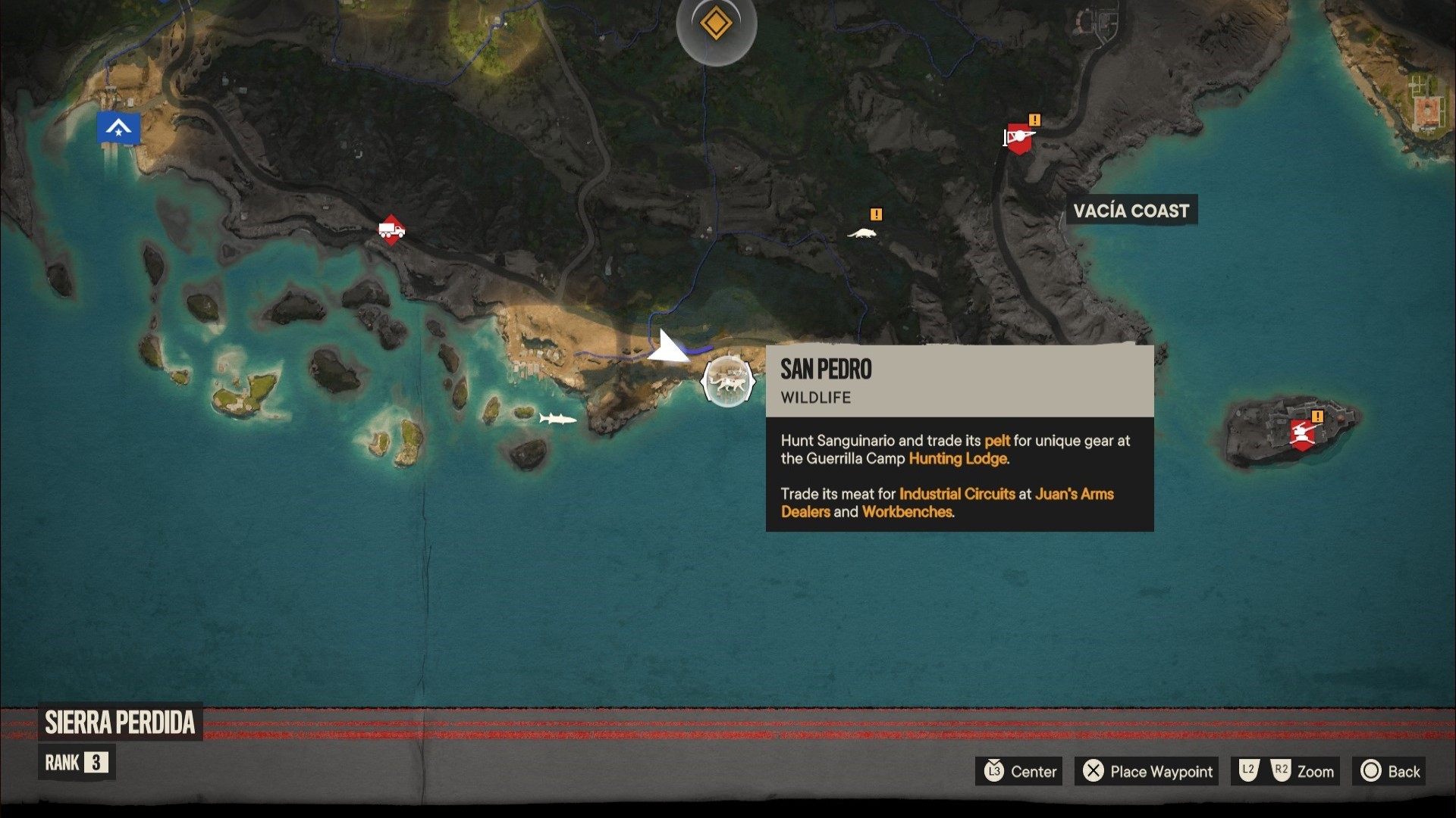Far Cry 6 legendarne zwierze, Sanguinario, zaznaczone na mapie El Este.