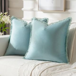 Futei Aqua Boho Throw Pillow Covers With Tassels 18x18 Inch Set of 2,soft Velvet Decorative Cushion Case,home Decor for Couch Bed Living Room