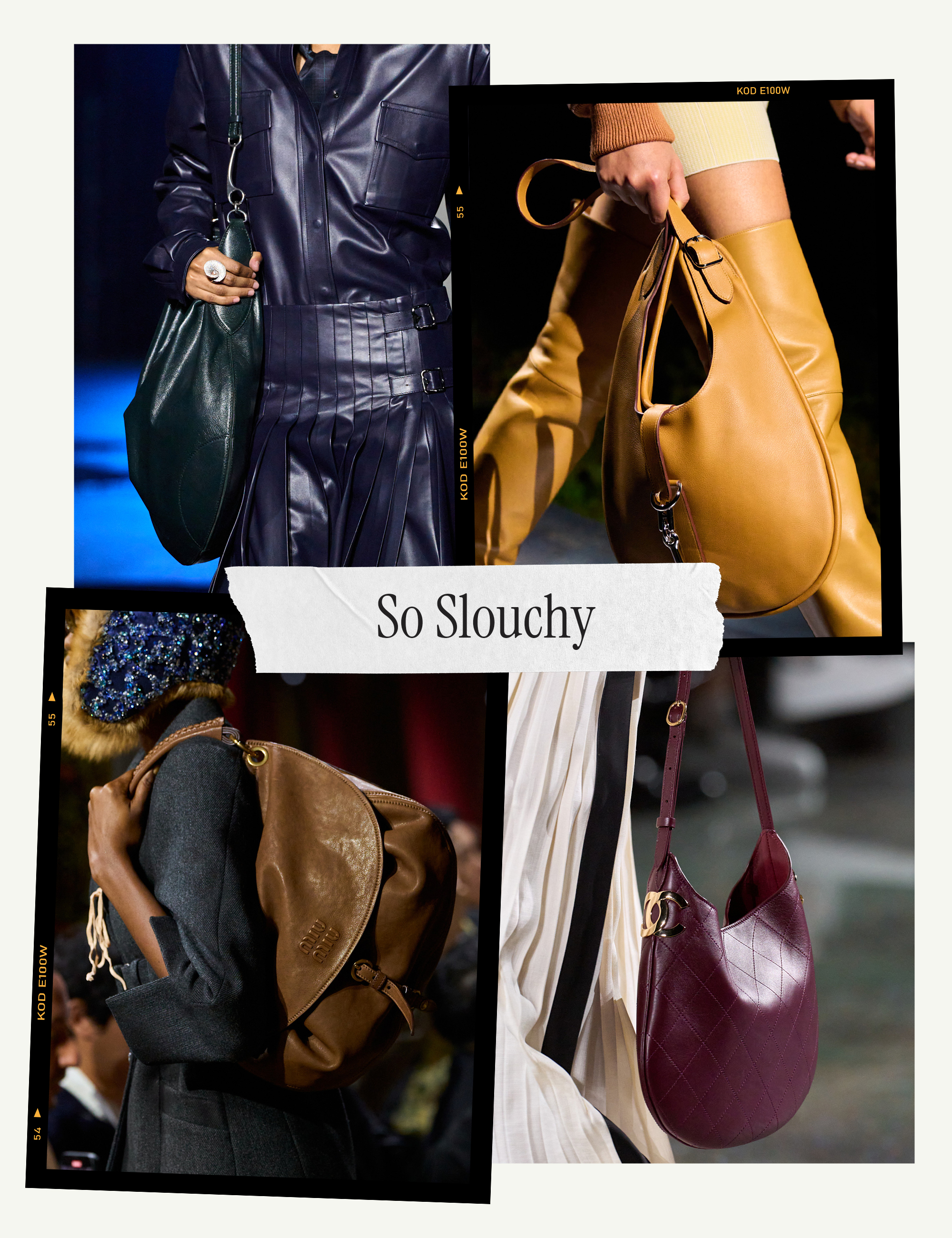 a collage of detail runway images featuring the handbag trends of fall/winter 2026