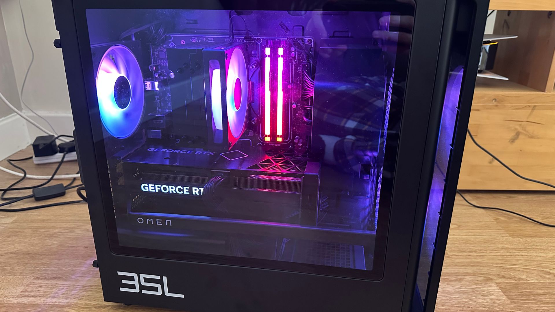 Purple lighting from within the HP Omen 35L