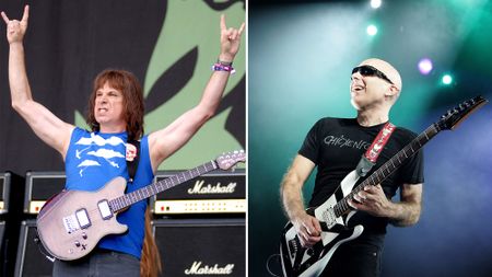 Nigel Tufnel (left) and Joe Satriani perform onstage