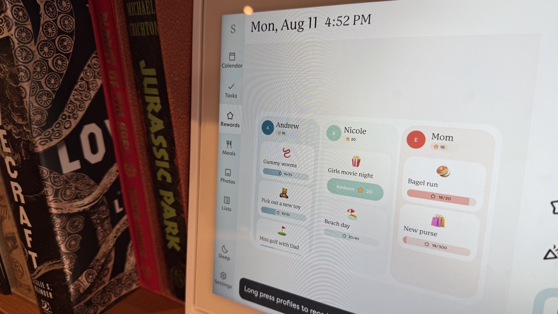 The Skylight Calendar on a bookshelf