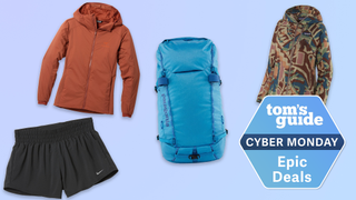 a composite image of nike running shorts, patagonia backpack and jacket, and arc'teryx jacket with a tom's guide deals badge