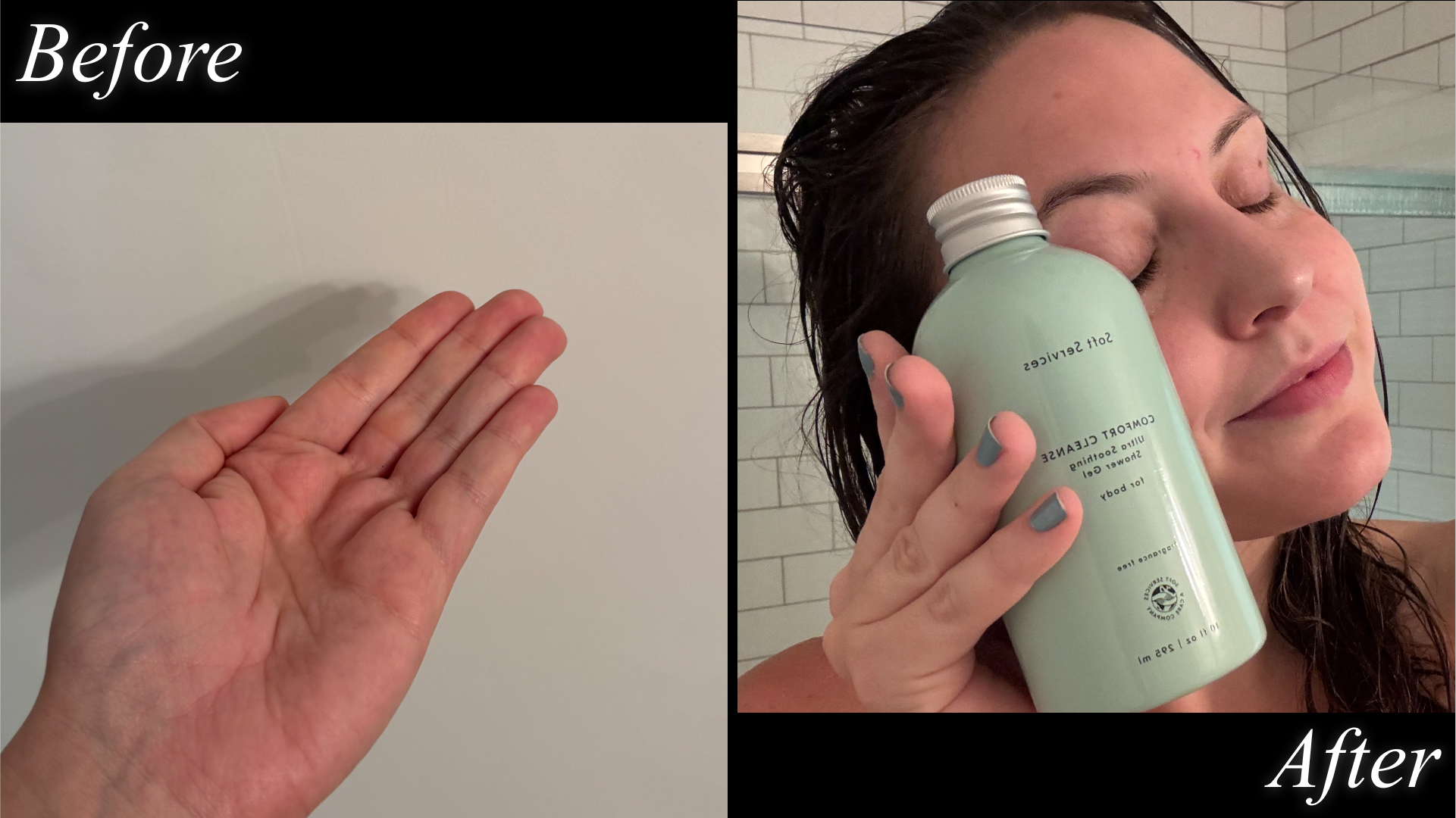 Contributing beauty writer Sophia Vilensky tests body wash with a photo of her hand and the product consistency and a photo of herself with the product.