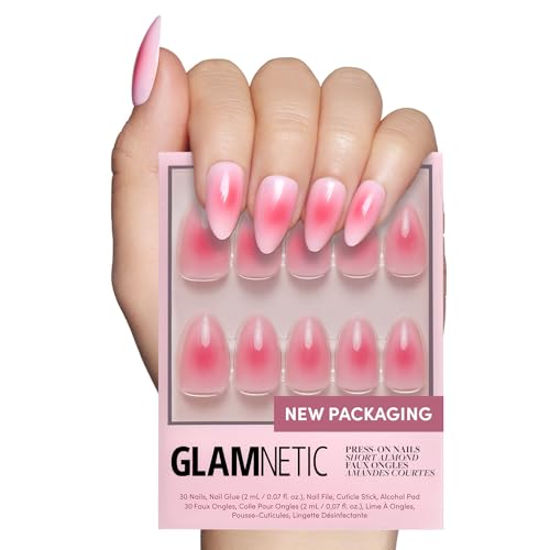 Glamnetic Press on Nails - Blushing Aura | Short Almond Trendy Pink With Ombre Center Nails in a Glossy Finish | 15 Sizes - 30 Nail Kit With Glue