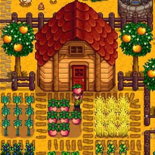 A screenshot from the game Stardew Valley of a farm