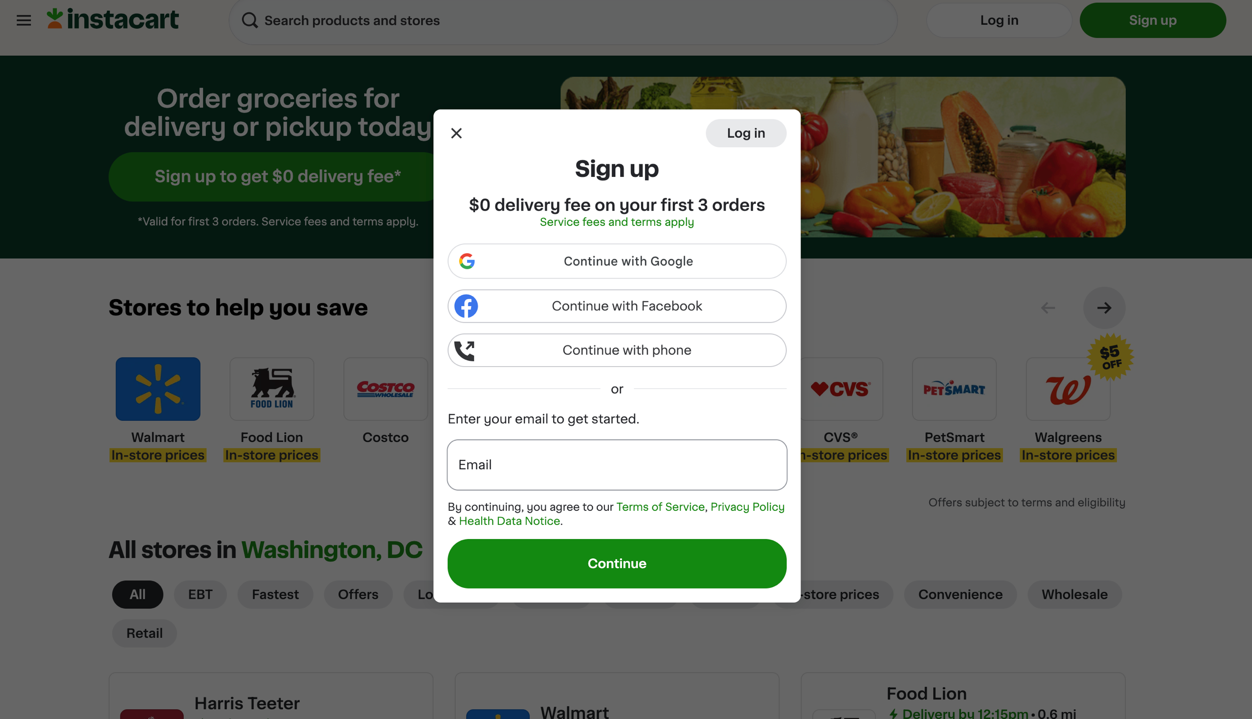 A screenshot of how to sign up to Instacart