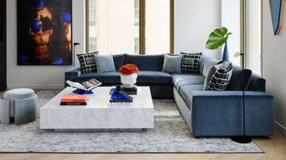 modern living room with blue motifs and blue sectional