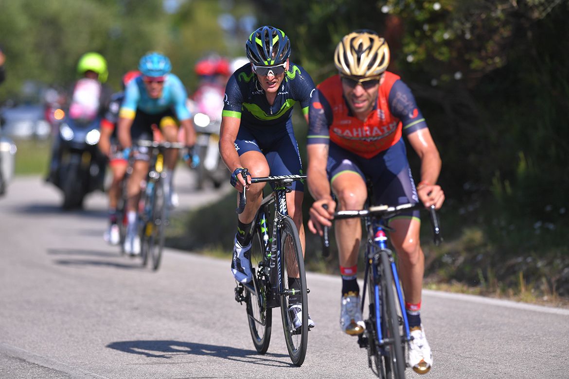 Gorka Izagirre (Movistar) marks an attack by Giovanni Visconti (Bahrain-Merida)