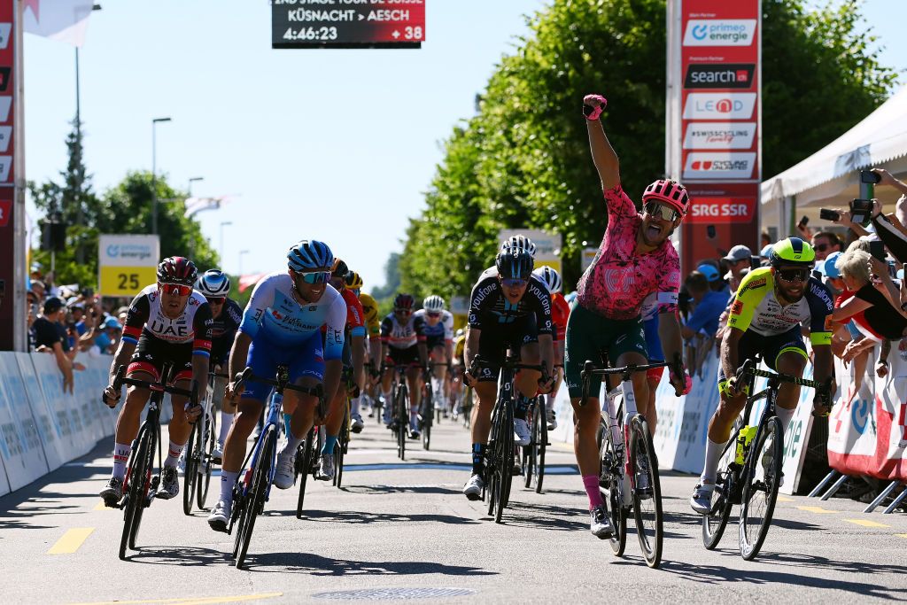 AESCH SWITZERLAND JUNE 13 Alberto Bettiol of Italy and Team EF Education Easypost celebrates winning the second place ahead of Michael Matthews of Australia and Team BikeExchange Jayco Andrea Pasqualon of Italy and Team Intermarch Wanty Gobert Matriaux Matteo Trentin of Italy and UAE Team Emirates and Nikias Arndt of Germany and Team DSM during the 85th Tour de Suisse 2022 Stage 2 a 198km stage from Kusnacht to Aesch ourdesuisse2022 WorldTour on June 13 2022 in Aesch Switzerland Photo by Tim de WaeleGetty Images