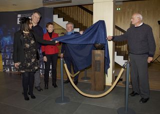 Lilla Merabet, Helen Sharman, Paolo Nespoli, Reinhold Ewald and Philippe Jung unveil the new statue of Félicette at the International Space University in Strasbourg, France, on Dec. 18, 2019.