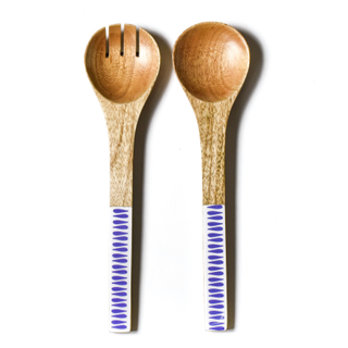 wooden and blue and white serving spoons