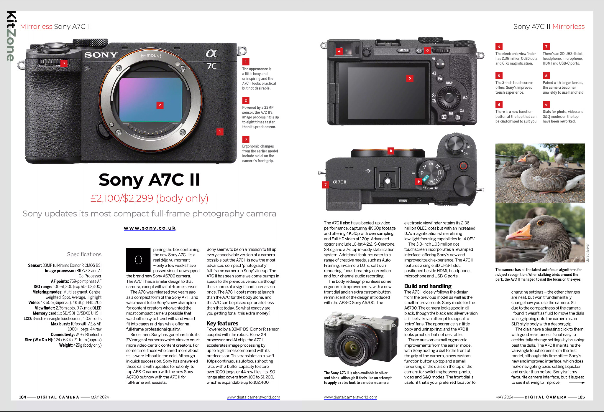 Opening two pages of Sony A7C II camera review in issue 281 (May 2024) of Digital Camera magazine