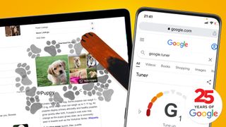 A laptop screen and phone on a yellow background showing Google Easter Eggs