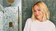 Kimberley Walsh in front of Mosaic tiles in the Kimberley Walsh x Wickes Mosaic Tile Collection as well as the tiles in her ensuite bathroom