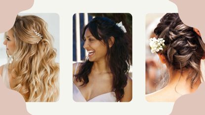 collage of three bridesmaids hairstyles on a lilac backdrop, a messy bun, flower crown and pinned in 