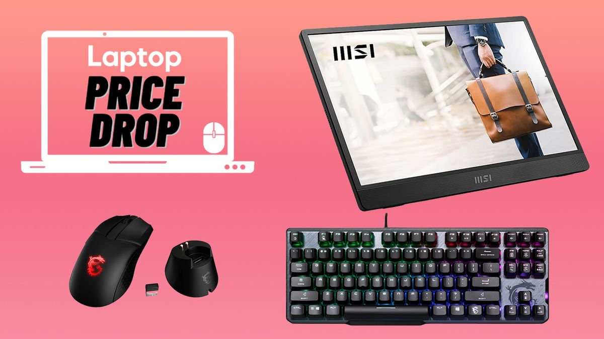 MSI portable monitor, wireless mouse, and gaming keyboard on a gradient background with a Laptop Mag &quot;Price drop&quot; banner in the upper-left corner