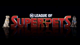 Logo for DC League of Superpets with Krypto and another dog.