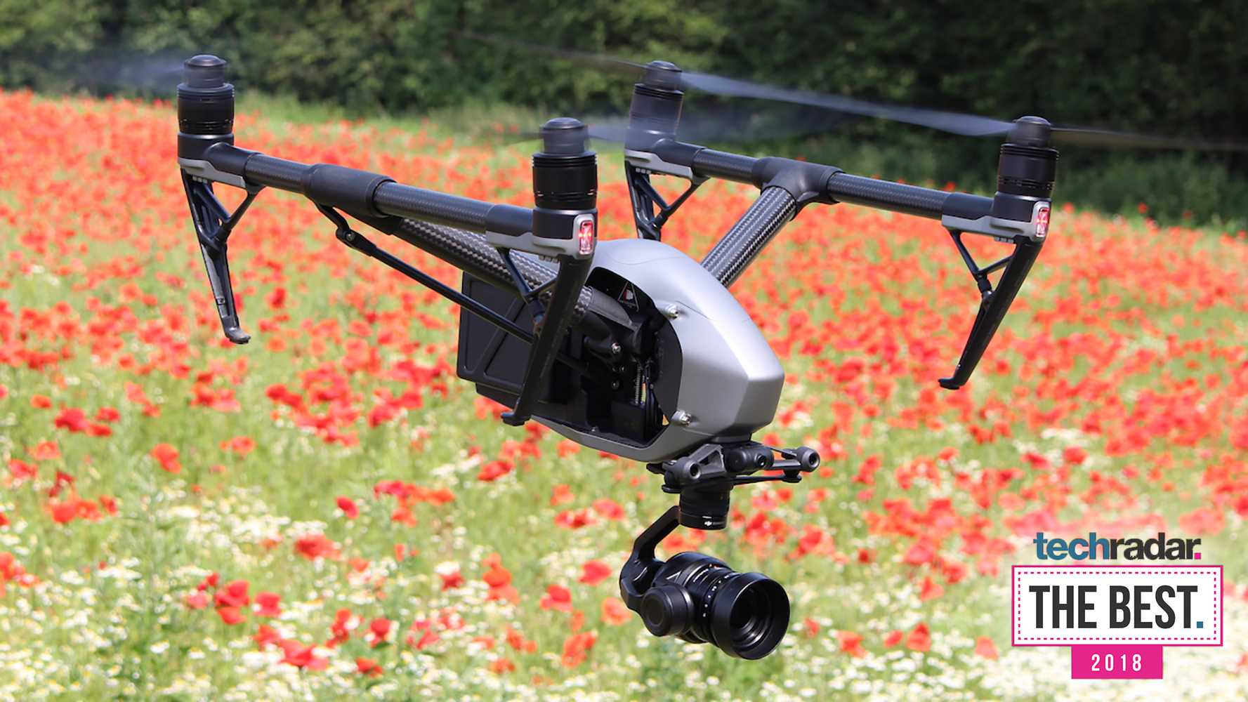 The DJI Inspire 2 flying over a poppy field during a test flight