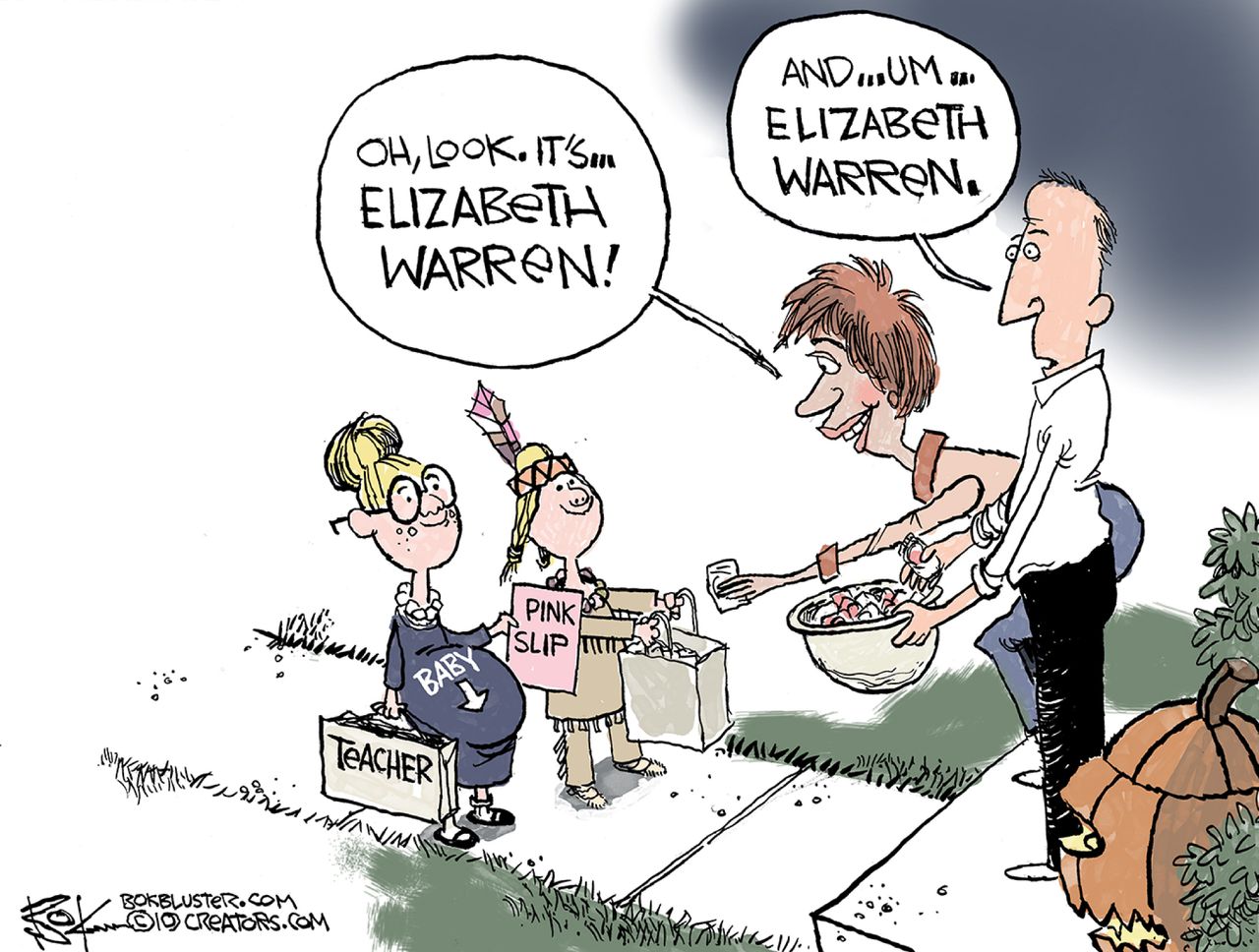 Political Cartoon U.S. Elizabeth Warren Teacher Pregnancy Native American Halloween