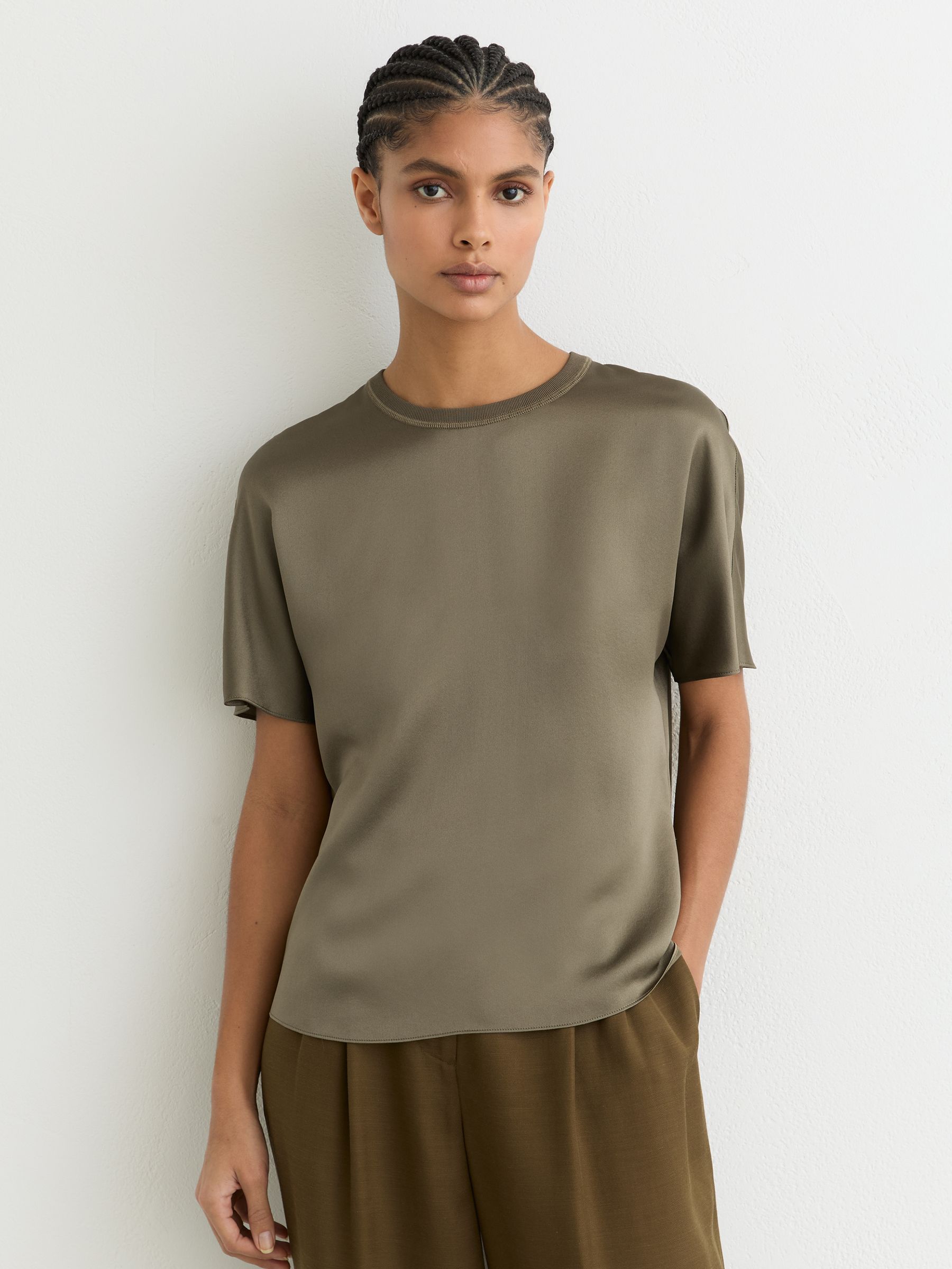 Silk Short-Sleeve Top in Khaki Green