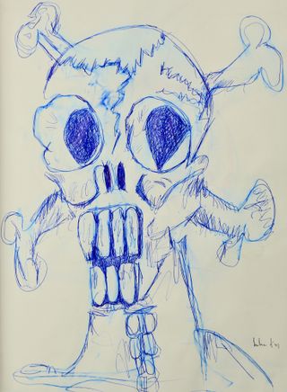 Project drawing, white background, skull and cross bones sketch in blue ink