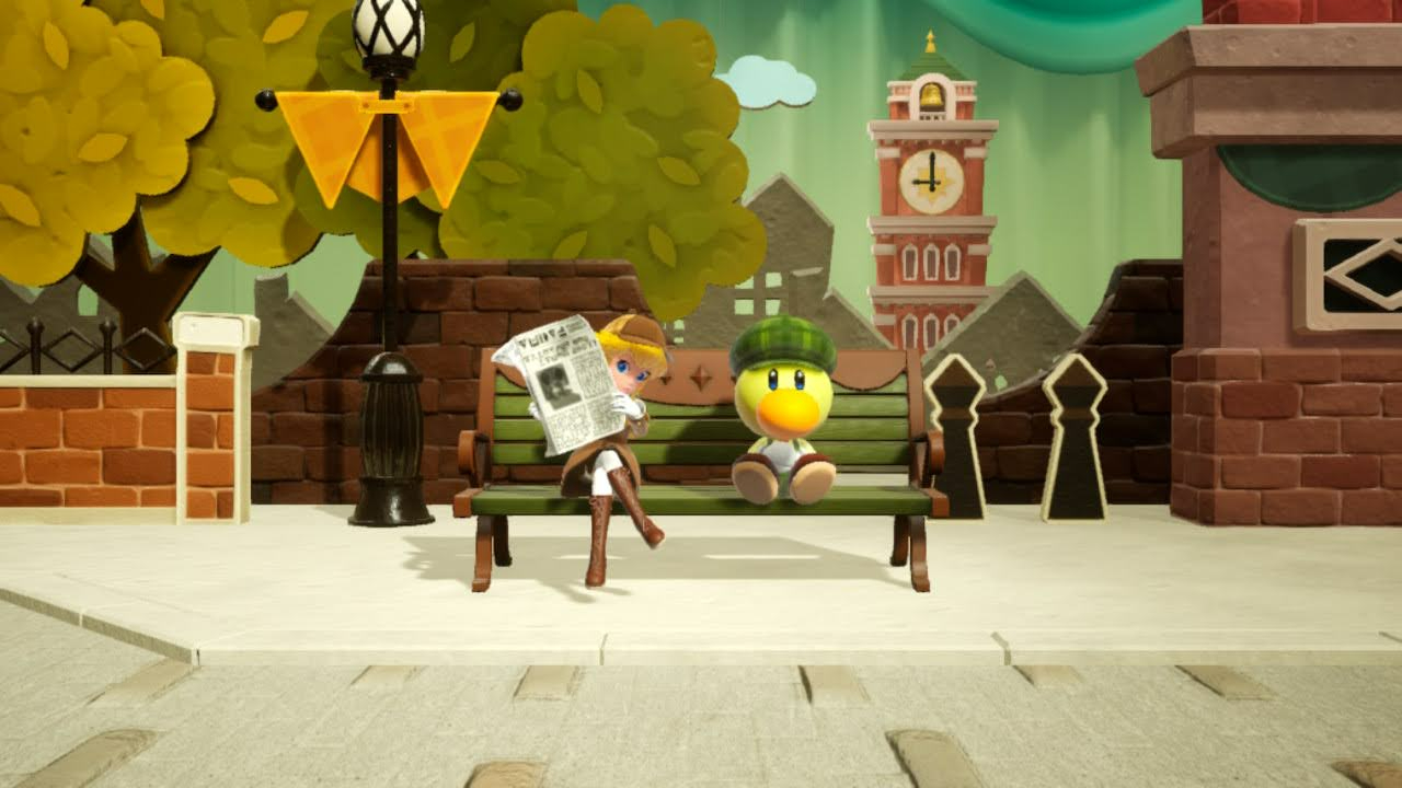 Princess Peach: Showtime! screenshot showing Detective Peach on a bench
