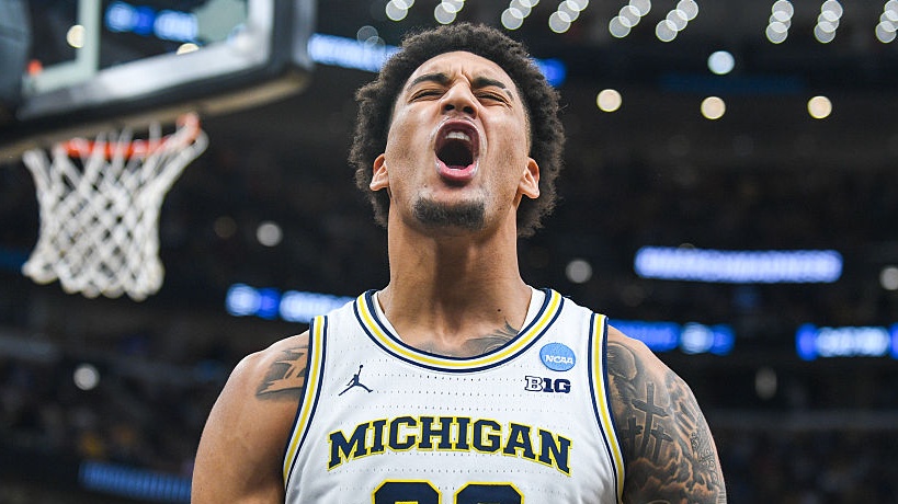 Yaxel Lendeborg #23 of the Michigan Wolverines after being fouled and making a basket during the second half of a NCAA Men's Basketball Tournament Elite Eight game against the Tennessee Volunteers at the United Center on March 29, 2026 in Chicago, Illinois.