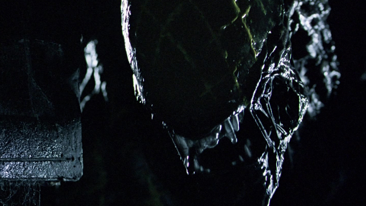 Screenshot from the movie Alien vs. Predator. Close up of a xenomorph snarling, bearing its sharp teeth. It has a criss-cross pattern cut onto its forehead that is oozing green blood.