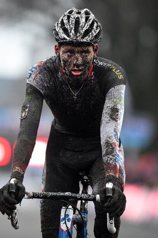 Mathieu van der Poel covered in mud at Bpost Bank Trofee Azencross.
