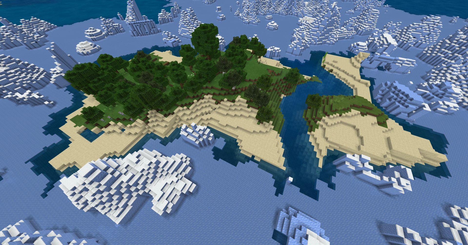 Minecraft seed bedrock and pocket edition - An aerial view of a medium-sized island with a small forest and beaches surrounded by an icy ocean tundra