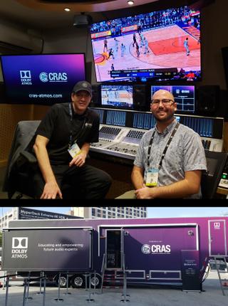 (top l-r) Robert Brock, CRAS Director of Education, and Andy Roundy, a 2011 CRAS graduate and currently a Dolby Solutions Engineer, Live Audio Production in the Conservatory of Recording Arts & Sciences 42-ft. Dolby Atmos-equipped remote-production mobile broadcast trailer outside the Las Vegas Convention Center during the 2019 NAB Show. (bottom) The CRAS MBU outside the Las Vegas Convention Center's South Hall during the 2019 NAB Show.