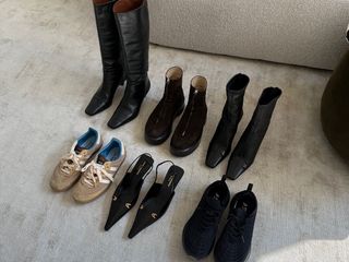 @nicoleakhtarzad fall shoe lineup of boots, slingbacks, and sneakers.