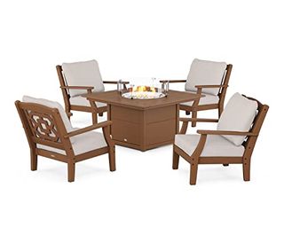 Martha Stewart Pws1544-2-Te145999 Chinoiserie 5-Piece Fire Pit Table Deep Seating Set, Teak/dune Burlap