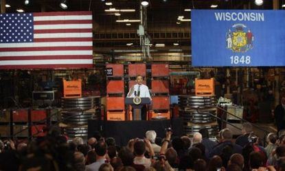 President Obama speaks at the Master Lock factory in Wisconsin